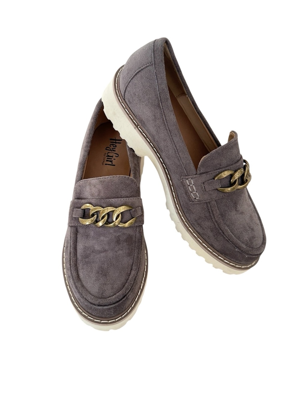 NWOB Hey Girl by Korkys Gray Faux Suede Lug Sole Loafer Chain Detail Size 8